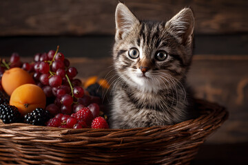 a kitten sitting in a basket of fruit