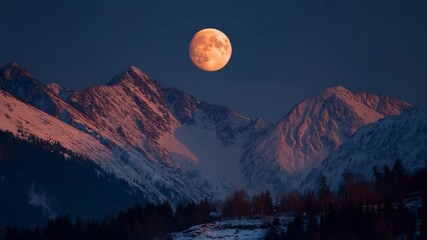 Majestic full moon rises over snowy mountain peaks at twilight - Powered by Adobe