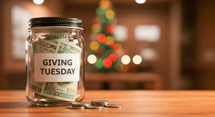 Warm Giving Tuesday donation jar overflowing with cash beside festive Christmas tree lights inspiring generosity and holiday spirit