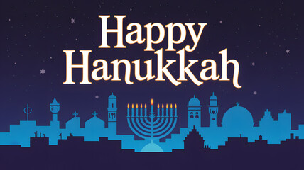 Obraz premium Happy hanukkah greeting with a glowing menorah and a silhouette of jerusalem at night