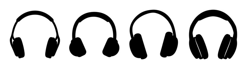 Four stylized black headphones lined up showing audio sound music listening equipment icons