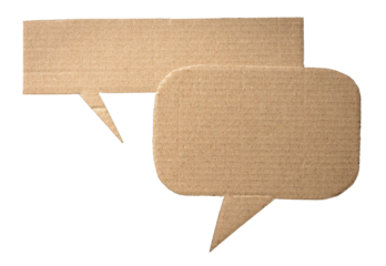 Brown blank cut out cardboard paper speech bubbles with copy space for text on transparent png background conversation discussion design element