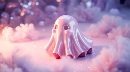 Cute pastel ghost with glowing blush cheeks floating in pink glitter mist, soft Halloween background
