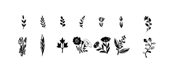 Collection of hand drawn black floral elements and leaves on a white background. Minimalist Black Floral and Leaf Silhouettes Collection, vector illustration.