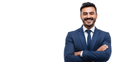 Smiling Executive in Dark Suit Poses Confidently on Transparent Canvas