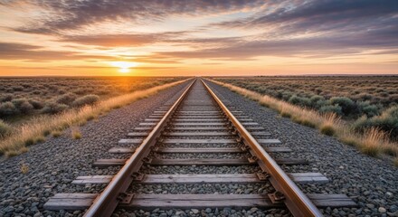 Fototapeta premium Railroad to horizon at sunset with journey, and endless path.