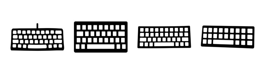 Collection of computer keyboards displaying various layouts and sizes for digital input and technology themes