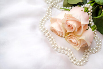 The branch of pink rose on white fabric background
