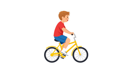 Fototapeta premium A cheerful young boy in a red t-shirt and blue shorts rides a bright yellow bicycle, enjoying a sunny day outdoors with a smile