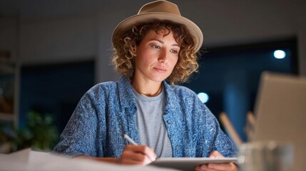 Woman writing at desk.