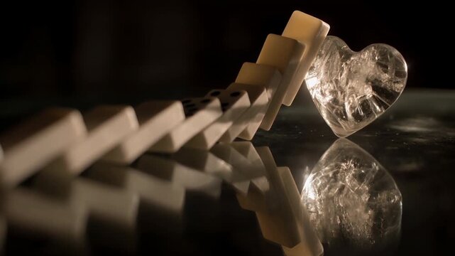 Broken glass heart next to fallen domino reflective tabletop, glass heart reflection and falling domino effect evokes fragile emotion with dramatic