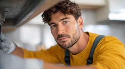 Man working on construction site, wearing yellow safety gear and blue overalls.