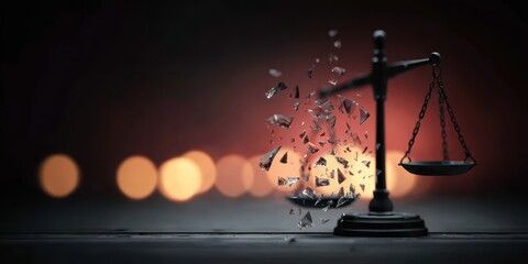 Symbolic artwork of shattered glass scales representing broken justice as Judge Plaintiff lawyer and attorney seek responsibility and punishment balance