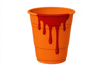 Orange plastic cup with red dripping liquid