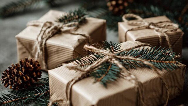 Gift boxes wrapped in paper with pine branches