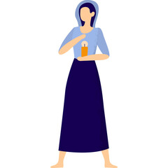 Stylized illustration of a woman wearing a blue hooded top and a long dark blue skirt holding a lit candle with a calm expression and bare feet on a transparent background