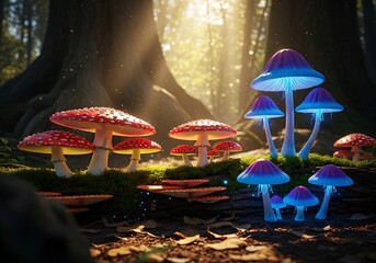 Enchanted Forest - A Symphony of Glowing Mushrooms and Sunlight.