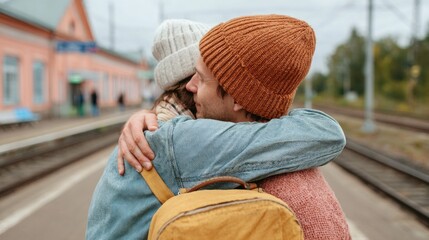 A couple embracing at a train station.