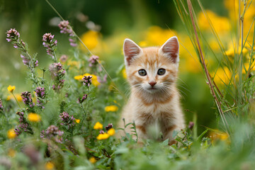 a small kitten sitting in a field of flowers