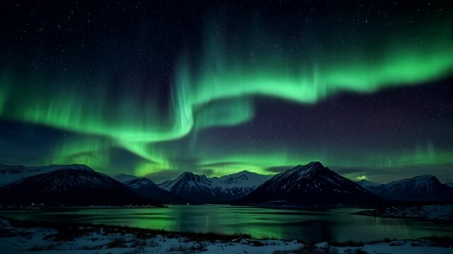 a dramatic night view with the bright green aurora borealis arcing across the dark, starry sky