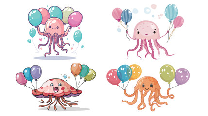 Obraz premium Cute jellyfish holding colorful balloons and floating in the air, cheerful cartoon sea creature vector illustration