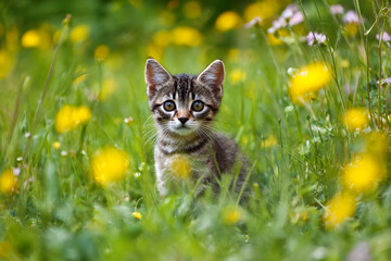 a kitten sitting in a field of flowers