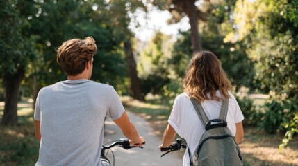 Couple riding bikes through a park.