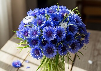 Vibrant Blue Cornflowers in a Glass Vase on a Sunny Table.