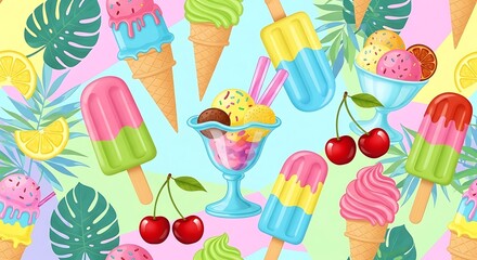 Colorful Summer Treats - Ice Cream, Popsicles, and Cherries.