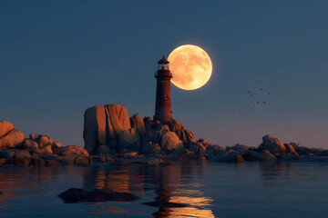 a lighthouse on a rocky island with a full moon