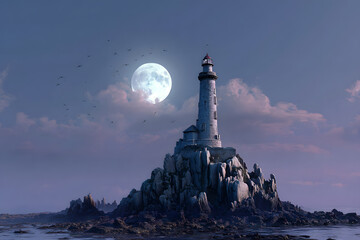 a lighthouse on a rocky island with a full moon in the background