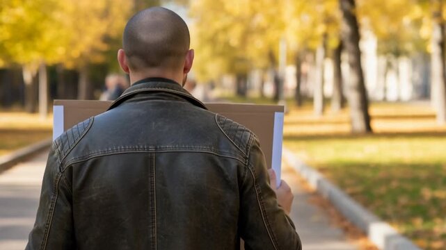 Man holding canvas back view leather jacket park autumn pathway fallen leaves blank poster cardboard sign contemplative art artist outdoors commuter