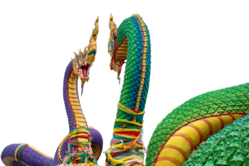 Green Naga and Purple Naga statue with intricate golden details, Isolated on transparent background