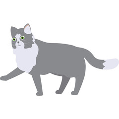 A pixelated gray and white cat walks forward with its tail held high against a transparent background the cat has green eyes and a fluffy white chest