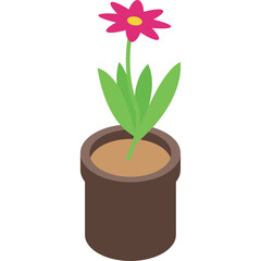 A Potted Pink Daisy Flower With A Yellow Center And Green Stalk And Leaves In A Brown Pot On A Transparent White Background