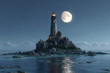 a lighthouse on a rocky island with a full moon