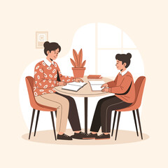 Woman helping a child with homework at a table with books and a plant.