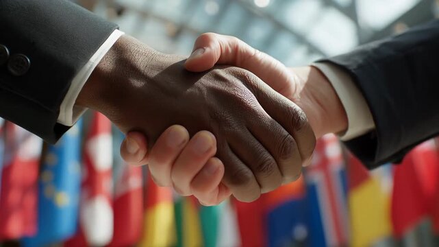Black and white business people handshake international flags background multicultural negotiation confident agreement professional suit black
