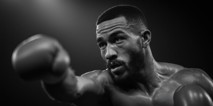 Intense Boxing Action with Bare-Knuckle Fighter in Black and White