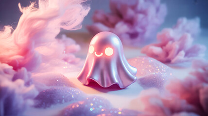 Cute pastel ghost with glowing blush cheeks floating in pink glitter mist, soft Halloween background
