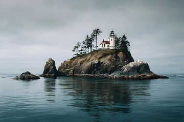 a lighthouse on a rock in the middle of the ocean