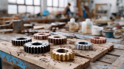 Expert team inspects worn-out gear assembly workshop industrial analysis factory environment detailed view