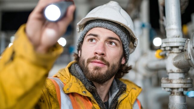 Expert team of engineers conducting work inspection in industrial facility environment using flashlight - Powered by Adobe