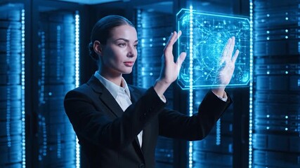 A businesswoman in a dark suit interacts with a glowing, virtual display of interconnected data - Powered by Adobe