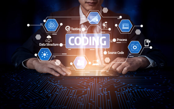 A focused developer actively engages in coding with a digital interface illuminated by various icons representing technology concepts, showcasing innovation in a modern workspace. Tessel