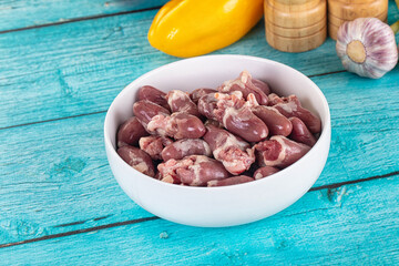 Raw chicken hearts for cooking