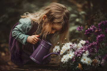 a little girl is watering flowers in a garden