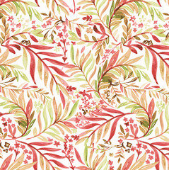 Watercolor seamless autumn leaves and floaige pattern. botanical leaf background. hand painted leaf vector illustration.