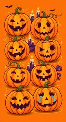 Halloween Pumpkins A Spooky Collection of Jack-o'-Lanterns with Various Expressions & Candles