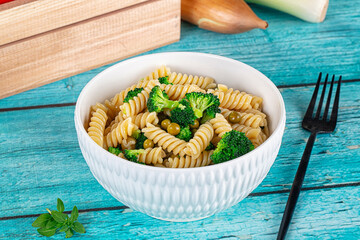 Italian vegan pasta fusilli with broccoli